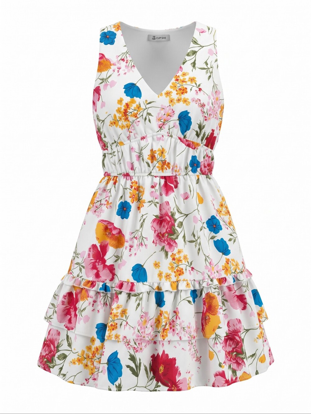 Cupshe Floral Tiered Ruffle Sleevess Dress Vneck Coastal Cowgirl Festival Size L